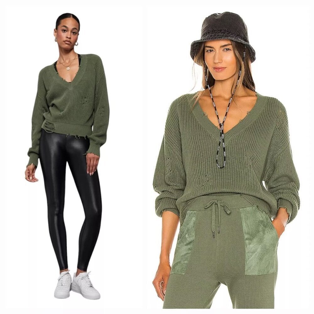 Ser.O.Ya Syd Sweater Green Distressed V-Neck Pullover